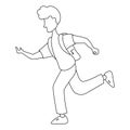 A schoolboy with a satchel for textbooks runs, a boy side view in a doodle style