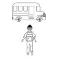 A schoolboy with a satchel for textbooks runs to the school bus, the boy is seen from behind