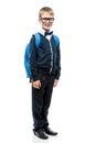 schoolboy in school uniform with a backpack in full length portrait isolated