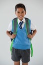 Schoolboy in school uniform with school bag on white background