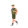 Schoolboy scout in uniform carrying backpack smiling and walking isolated on white background