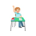 Schoolboy Sitting Behind The Desk In School Class Raising Hand To Answer Illustration, Part Of Scholars Studying Vector