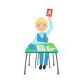 Schoolboy Sitting Behind The Desk In School Class Raising A Paper With Correct Answer Illustration, Part Of Scholars