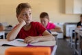 Schoolboy sitting at a desk in an elementary school classroom Royalty Free Stock Photo