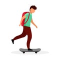 Schoolboy skateboarding flat vector illustration. Skateboarder, skater. Teenage boy with backpack riding skate cartoon character