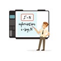 Schoolboy standing in front of an interactive whiteboard with mathematicsc formulas, modern school lesson vector