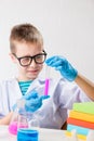 A schoolboy studies multi-colored substances in test tubes, conducts experiments - a portrait on a white background. Royalty Free Stock Photo