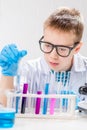 A schoolboy studies multi-colored substances in test tubes, conducts experiments - a portrait on a white background. Concept for Royalty Free Stock Photo