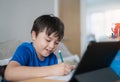 Schoolboy using colour pen drawing on white paper sheet, Young kid using tablet for school homework online on internet, Happy Royalty Free Stock Photo