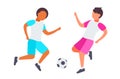 Schoolboys playing football couple schoolchildren in sportswear having fun white background flat full length horizontal Royalty Free Stock Photo