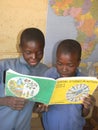 Schoolboys studying social studies book.