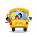 Back to school vector illustration, happy six student children on yellow school bus go to school on white background, group of mul Royalty Free Stock Photo