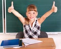 Schoolchild in classroom near blackboard. Royalty Free Stock Photo