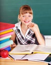 Schoolchild in classroom near blackboard. Royalty Free Stock Photo