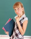 Schoolchild in classroom near blackboard. Royalty Free Stock Photo