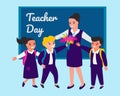 Schoolchild congratulate teacher on occasion, give flowers. Teacher`s Day. Back to school. Vector illustration on background of