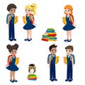 Schoolchildren with backpacks and a book go to school Royalty Free Stock Photo