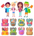 Schoolchildren with Bags and Books Stand and Smile Royalty Free Stock Photo