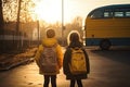 Schoolchildren boy and girl with backpacks on the background of the school bus, soft warm light Royalty Free Stock Photo