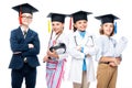 schoolchildren in costumes of different professions and graduation caps