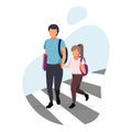 Schoolchildren crossing the road flat vector illustration. Older brother with younger sister holding hands on crosswalk cartoon