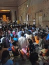 Schoolchildren crowd the interior of the Mula Gand