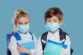 Schoolchildren in face masks with copybooks during coronavirus