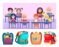 Schoolchildren Happy Sitting at Desk, Shcoolbags Royalty Free Stock Photo