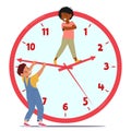 Schoolchildren interacting with giant clock, learning to tell time while developing punctuality Royalty Free Stock Photo