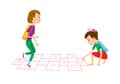 Schoolchildren play hopscotch. Girl draws with chalk and boy jumps on one leg. Back to school vector illustration