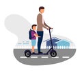 Schoolchildren riding scooter together flat vector illustration. Schoolboy with younger brother cartoon characters on white