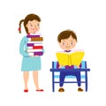 Schoolchildren in school library. Boy reading textbook at desk and girl brought several books. Back to school vector illustration Royalty Free Stock Photo