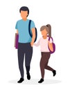 Schoolchildren, schoolkids walking flat illustration. Older brother with younger sister holding hands with backpacks cartoon