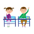 Schoolchildren sitting at their desks and want to answer a question. Girl modestly raised her finger up and boy raised his hand Royalty Free Stock Photo