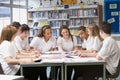 Schoolchildren studying in school library Royalty Free Stock Photo