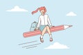 Schoolgirl with backpack sits on giant pencil flying in sky among clouds to be in time in school