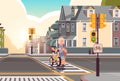 schoolgirl with bicycle crossing road on crosswalk road safety concept horizontal cityscape background