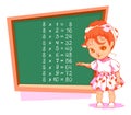 Schoolgirl at blackboard 8 eight multiplication table vector cartoon Royalty Free Stock Photo