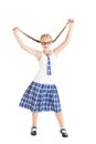 Schoolgirl stretches aside their long braids.