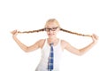 Schoolgirl stretches aside their long braids.