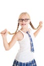 Schoolgirl stretches aside their long braids.