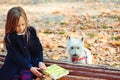 Schoolgirl with book on autumn walk in the park. Beautiful girl with her dog in autumn forest Royalty Free Stock Photo