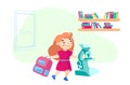 Schoolgirl Character with Backpack and Microscope in School. Education or Knowledge Concept