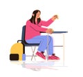 schoolgirl character with backpack sitting at desk back to school primary education concept
