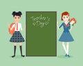 Schoolgirl character. Cartoon vector flat illustration. Congratulation on teacher day. Girls friend pupil in school