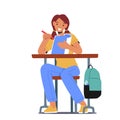 Schoolgirl Character Sitting at Desk Writing in Notebook during Lesson. Little Kid Student in Classroom, Back to School Royalty Free Stock Photo
