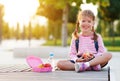 Schoolgirl child eating lunch apples at school Royalty Free Stock Photo