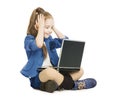 Schoolgirl child looking at computer. school girl