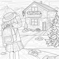 Schoolgirl come home. The girl and the house in the mountains.Coloring book antistress for children and adults.