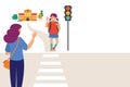 Schoolgirl crossing a road on her way to school, mother saying goodbye. Crossing the road safely concept illustration. Royalty Free Stock Photo